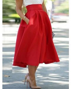 Red Pockets Draped High Waisted Elegant Midi Skirt