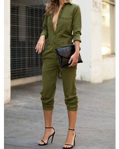 Green Buttons Pockets Turndown Collar Long Sleeve Fashion Long Jumpsuit