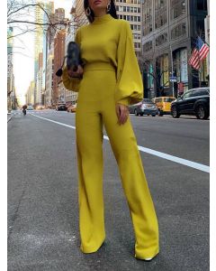 Yellow High Neck Lantern Sleeve High Waisted Fashion Long Jumpsuit