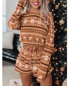 Estampado navideño con cordón de dos piezas manga larga pijama casual marrón