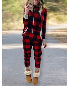 Red Plaid Pockets Drawstring Two Piece Hooded Long Sleeve Casual Long Jumpsuit