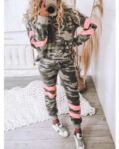 Green Patchwork Camouflage Pockets Drawstring Two Piece Hooded Long Sleeve Fashion Long Jumpsuit