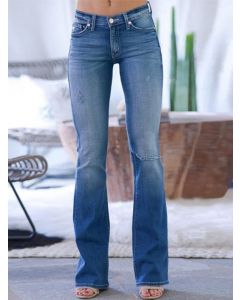 Dark Blue Zipper Pockets Buttons Fashion Plus Size Long Ripped Jeans