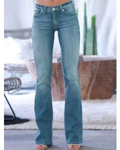 Light Blue Zipper Pockets Buttons Fashion Plus Size Long Ripped Jeans