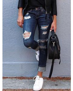 Blue Zipper Pockets Buttons Fashion Long Ripped Skinny Pencil Jeans