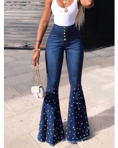 Dark Blue Beading Buttons High Waisted Streetwear Long Flare Jeans