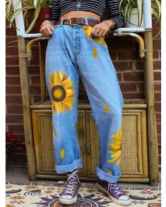 Dark Blue Sunflower Print Pockets Zipper Vintage Long Jeans