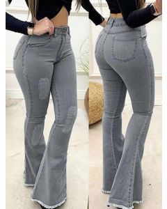 Grey Pockets Zipper High Waisted Streetwear Long Flare Jeans