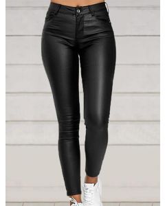 Black Pockets Buttons High Waisted Fashion Long Leather Pants