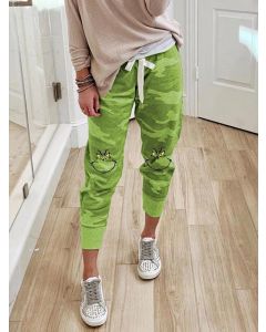 Green Camouflage Cartoon Print Pockets Drawstring Casual Long Pants