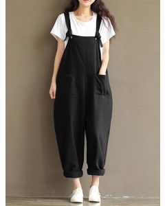 Black Shoulder-Strap Pockets Knot Sleeveless High Waisted Casual Plus Size Jumpsuit