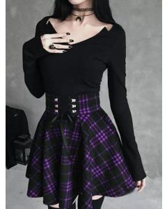 Purple Plaid Drawstring Lace-up High Waisted Fashion Preppy Style Mini Skirt