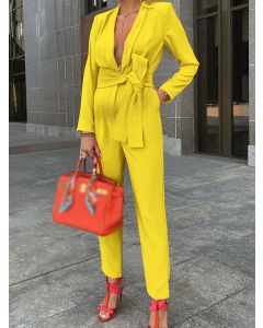 Yellow Pockets Lace Up Plunging Neckline High Waisted Fashion Long Jumpsuit