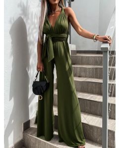 Green Cross Back Multi Way Lace-up V-neck High Waisted Fashion Long Jumpsuit