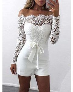 White Patchwork Lace Belt Off Shoulder Long Sleeve High Waisted Fashion Jumpsuit