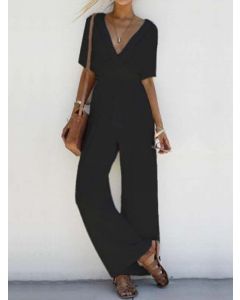 Black Drawstring Cross Chest V-neck High Waisted Casual Long Wide Leg Jumpsuit