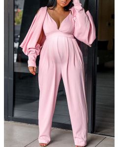 Pink Irregular Backless V-neck Slit Sleeve High Waisted Fashion Long Jumpsuit