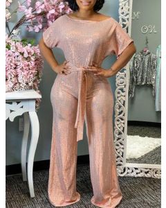 Pink Sequin Belt Lace-up Off Shoulder Short Sleeve High Waisted Fashion Jumpsuit