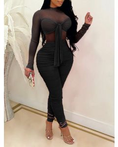 Black Grenadine Lace Up Ruched Long Sleeve High Waisted Fashion Long Jumpsuit