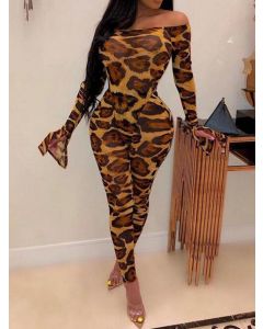 Brown Leopard Off Shoulder Long Sleeve High Waisted Fashion Long Jumpsuit