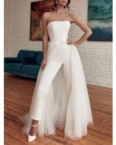 White Patchwork Bandeau Grenadine Sleeveless High Waisted Fashion Wedding Gowns Long Jumpsuit