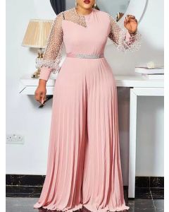 Pink Patchwork Pearl Pleated Long Sleeve High Waisted Fashion Plus Size Long Jumpsuit
