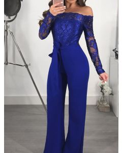 Blue Patchwork Lace-up Bow Lace Off Shoulder Long Sleeve High Waisted Elegant Jumpsuit