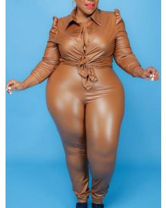 Camel Single Breasted Two Piece Turndown Collar High Waisted Fashion Plus Size Jumpsuit