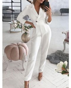 White Buttons Cross Chest 3/4 Sleeve High Waisted Fashion Long Jumpsuit