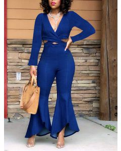 Dark Blue Cross Chest Backless Long Sleeve High Waisted Fashion Long Flare Jumpsuit