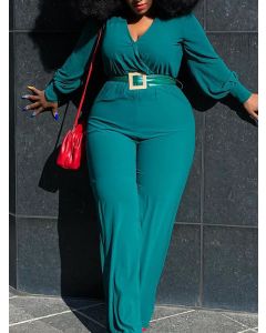 Dark Green Belt Cross Chest Long Sleeve High Waisted Fashion Plus Size Jumpsuit