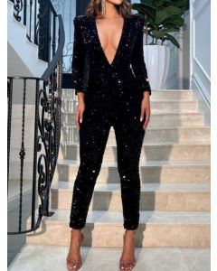 Black Sequin Plunging Neckline High Waisted Fashion Nine's Jumpsuit