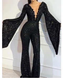 Black Sequin Bronzing Plunging Neckline Dolman Sleeve High Waisted Fashion Long Jumpsuit