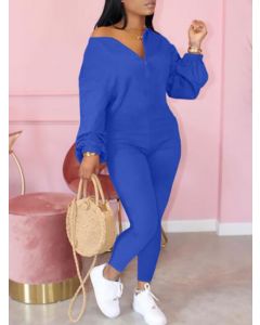 Blue Off Shoulder Long Sleeve High Waisted Casual Long Jumpsuit