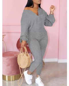 Grey Off Shoulder Long Sleeve High Waisted Casual Long Jumpsuit