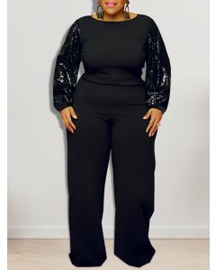 Black Patchwork Sequin Plus Size Round Neck High Waisted Fashion Long Jumpsuit