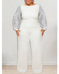 White Patchwork Sequin Long Sleeve High Waisted Fashion Plus Size Jumpsuit