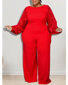 Red Patchwork Sequin Long Sleeve High Waisted Fashion Plus Size Jumpsuit