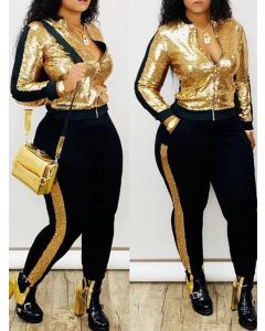 Golden Patchwork Sequin Zipper Pockets Two Piece Long Sleeve High Waisted Fashion Jumpsuit