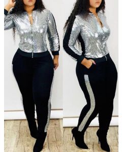 Silver Patchwork Sequin Zipper Pockets Two Piece Long Sleeve High Waisted Fashion Jumpsuit