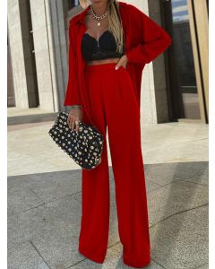 Red Single Breasted Two Piece Long Sleeve High Waisted Going out Jumpsuit