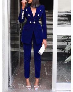 Blue Beading Double Breasted Two Piece Long Sleeve High Waisted Fashion Jumpsuit