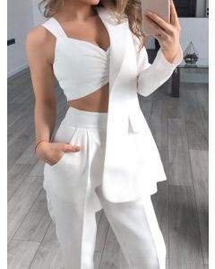 White Buttons Pockets Three Piece Long Sleeve High Waisted Fashion Jumpsuit