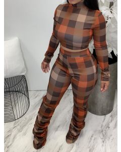 Brown Plaid Two Piece Long Sleeve High Waisted Fashion Jumpsuit