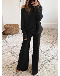 Black Off Shoulder Two Piece Long Sleeve High Waisted Casual Jumpsuit
