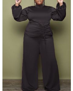 Black Drawstring Two Piece Long Sleeve High Waisted Fashion Plus Size Jumpsuit