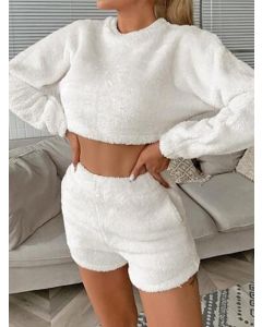 White Pockets Two Piece Fluffy Long Sleeve Casual Pajama