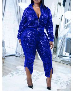Blue Sequin Zipper Pockets Two Piece Long Sleeve High Waisted Fashion Jumpsuit