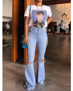 Light Blue Pockets Zipper High Waisted Streetwear Long Ripped Distressed Flare Jeans