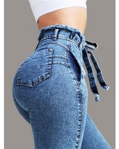 Light Blue Belt Pockets High Waisted Fashion Plus Size Long Jeans